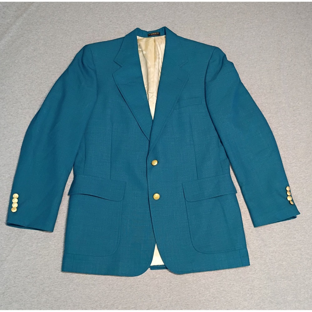 Michael Sterns Vintage Mens Teal Blue Blazer Gold Crest Buttons Made in USA - Picture 3 of 13